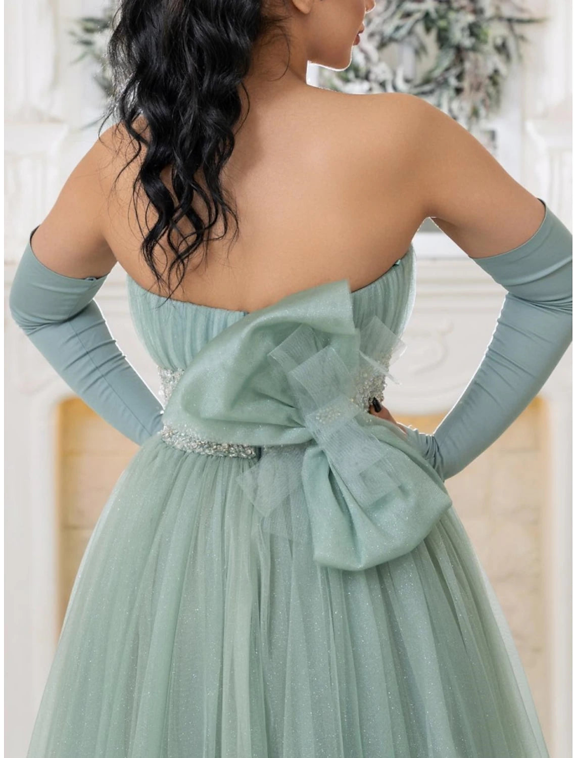 A-Line Prom Dresses Elegant Dress Formal Sweep / Brush Train Christmas Red Green Dress Long Sleeve Strapless Tulle with Bow(s) Pleats Sequin 2025